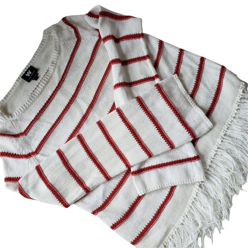 W by Worth Womens Sweater Sz S Breton Stripe Fringe Coastal Preppy Nautical  Red